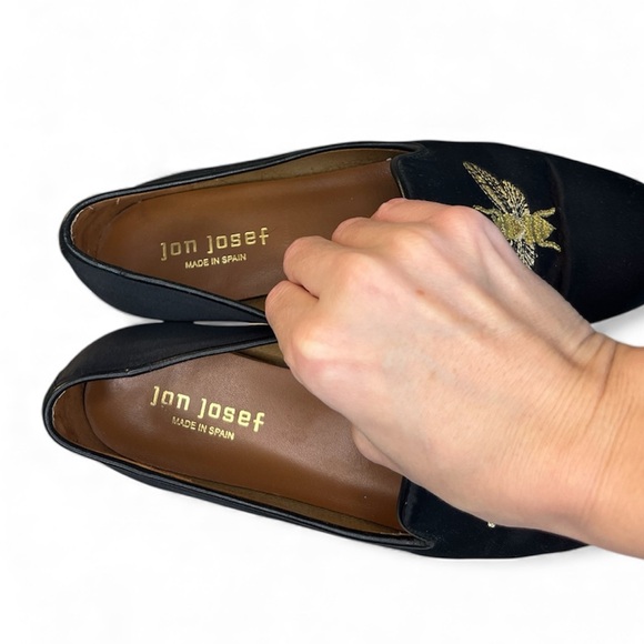 Jon Josef Gatsby Queen Bee Elegant Black Satin Loafers with Gold Stitch Academia - Picture 3 of 10